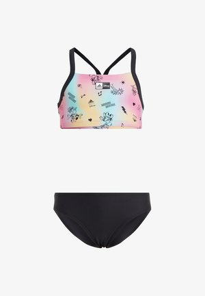 Bañador de dos piezas para niñas con parte superior con estampado de Minnie Mouse en tonos pastel arcoíris y parte inferior negra lisa, con finas tiras negras en los hombros.
