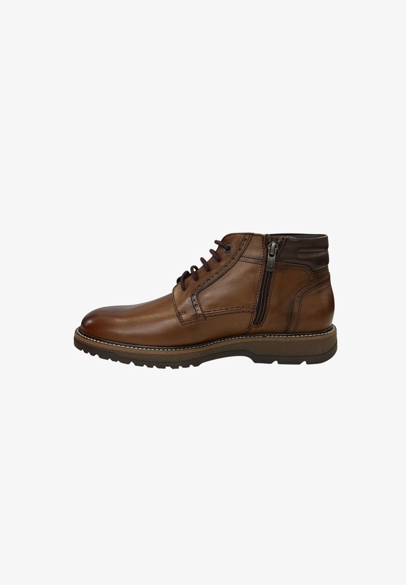 Botas de tobillo de cuero marrón con un acabado suave, cordones en la parte frontal, cremallera lateral y una suela de goma texturizada con detalles de costura en contraste.