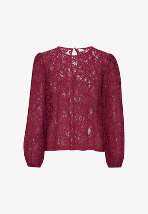 Burgundy pitsakk bluus pika puff-varrukatega, kõrge kaelusega ja nupuga taga. Omab lillemotiive ja õhulist tekstuuri.