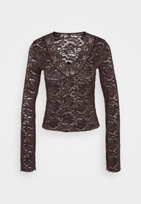 Long-sleeve brown lace top featuring a deep V-neckline, floral patterns, and a fitted design. Soft, textured fabric with intricate detailing.