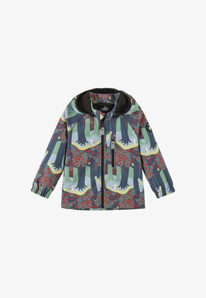 Colorful children's jacket featuring a blue-green forest print with red flowers, a black collar, and elastic cuffs. Includes a front zipper.