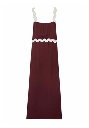 Bordeaux Kleid mit gerader Silhouette, featuring wellige weiße Träger und einen welligen weißen Akzent um die Taille. Glatte Stoffstruktur.