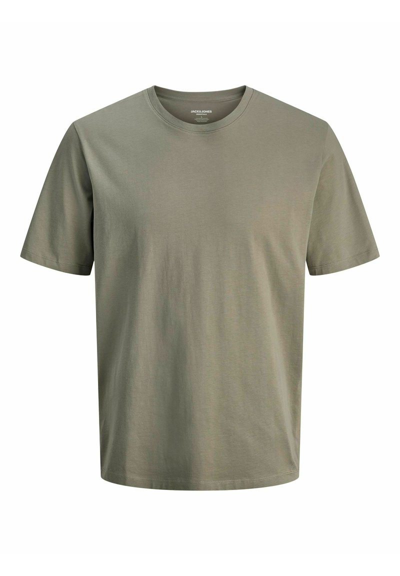 Olive green cotton t-shirt, short sleeves, crew neckline, soft texture, casual fit, minimalistic design, no patterns or hardware details.