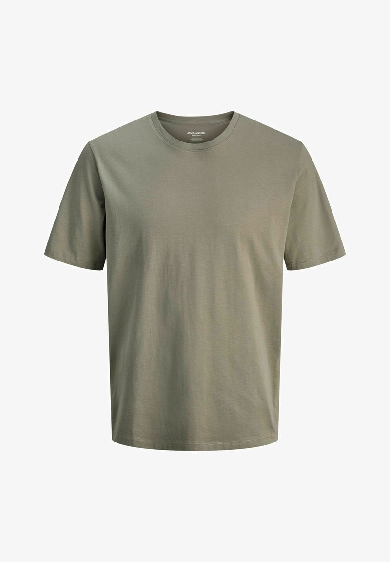 Olive green cotton t-shirt, short sleeves, crew neckline, soft texture, casual fit, minimalistic design, no patterns or hardware details.