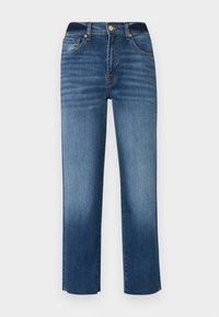 Donkerblauwe denim jeans met een rechte pijp, vijf-pocket ontwerp en subtiele vervaging. Beschikt over een knoopsluiting en gestikte accenten.