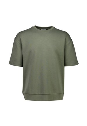 Olivgrünes Sweatshirt mit kurzen Ärmeln, Rundhalsausschnitt, entspannter Passform und geripptem Saum vor weißem Hintergrund.