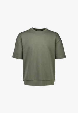 Korte mouwen, olijfgroene sweatshirt met ronde hals, een ontspannen pasvorm en geribde zoom, afgebeeld tegen een witte achtergrond.