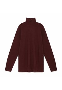 Maglione dolcevita color bordeaux realizzato in morbido tessuto a maglia, con una vestibilità rilassata, spalle scese e bordi a costine su polsini e orlo.