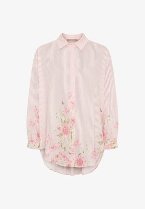 Stribet pink skjorte med knapper og blomsterprint på den nedre del, afslappet pasform, lange ærmer og en buet kant. Fremstillet af letvægtsstof.