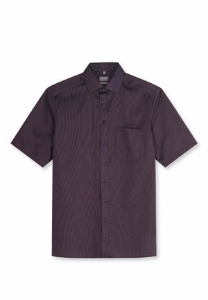 Donkerpaarse blouse met korte mouwen, subtiel patroon, borstzakje, spreadkraag en zeven knopen aan de voorkant.