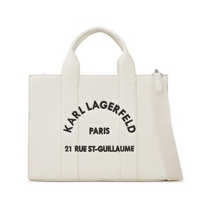 Λευκή ορθογώνια τσάντα tote με δύο λαβές, αφαιρούμενο ιμάντα ώμου και μαύρο κείμενο "KARL LAGERFELD PARIS 21 RUE ST-GUILLAUME" στο μπροστινό μέρος.