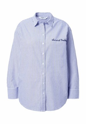 Gestreifte Baumwoll-Hemdkäppchen in Blau und Weiß, mit langen Ärmeln, einem Kragen und gesticktem Text "Wer hat Montag eingeladen."