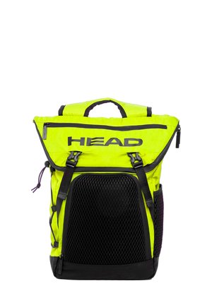 Sac à dos jaune vif avec un design à rouleau, pochette frontale en maille noire, bretelles réglables et compartiments zippés. Construction en tissu durable.