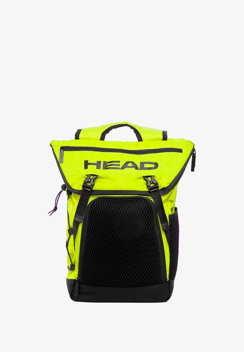 Sac à dos jaune vif avec un design à rouleau, pochette frontale en maille noire, bretelles réglables et compartiments zippés. Construction en tissu durable.