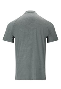 Grå kortärmad pikétröja med ett strukturerat mönster, har en krage och rak passform, lämplig för vardagsbruk eller sportaktiviteter.