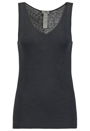 Sort ærmeløs tanktop med V-hals, fremstillet af et blødt stof. Har en tætsiddende pasform og en glat tekstur. Etiket synlig ved halsen.
