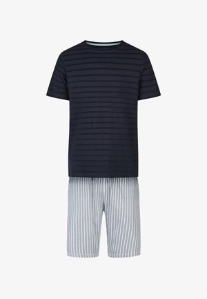 T-shirt pour hommes à manches courtes, bleu marine à rayures, associé à un short à rayures verticales gris clair et blanc.
