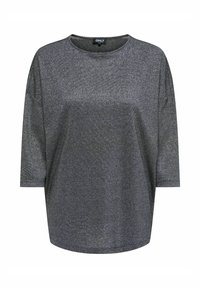 Camisa de manga corta metálica gris oscuro con escote redondo y corte relajado sobre un fondo blanco.