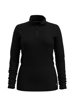 Maglietta nera a maniche lunghe con zip a quarti realizzata in materiale morbido, con colletto alto e design aderente, polsini a coste e marchio discreto.