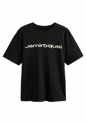Schwarzes T-Shirt aus Baumwolle mit einem weißen, stilisierten "jamiroquai"-Logo auf der Brust. Kurze Ärmel und runder Halsausschnitt.