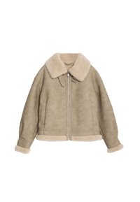 Tan faux shearling jas met ritssluiting aan de voorkant, brede zachte kraag en manchetten, voorzien van zijzakken en een relaxte pasvorm.