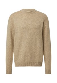 Beige gebreid sweater met een ronde halslijn, lange mouwen en geribde manchetten en onderzoom. Zachte textuur met een subtiel, gevarieerd vezelpatroon.