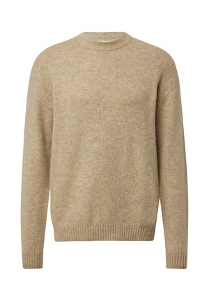 Bežový pletený sveter s okrúhlym výstrihom, dlhými rukávmi a rebrovanými manžetami a lemom. Mäkčký materiál s jemným, variabilným vláknovým vzorom.