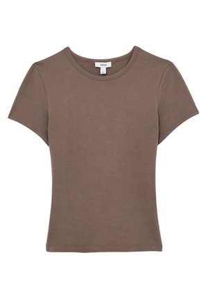T-shirt met korte mouwen, aangesloten, bruin met een ronde hals, gemaakt van gladde stof met zichtbare stiksels langs de randen en een klein maatlabel in de kraag.