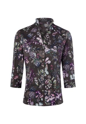 Langärmlige Bluse mit Knopfleiste, dunklem Hintergrund und detailliertem Blumenprint in Lila-, Grün-, Weiß- und Rosatönen.