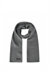 Gray knitted scarf made from soft material, featuring a ribbed texture. Includes a small black logo tag on one end.