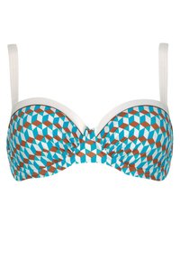 Bra with padded, underwire cups featuring a geometric pattern of blue and white diamonds outlined in brown, adjustable straps, and a smooth finish.