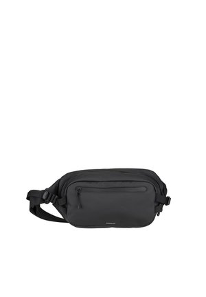 Black waist bag with adjustable straps, front zip pocket, and main zip compartment, branded "Sandqvist" on front center.