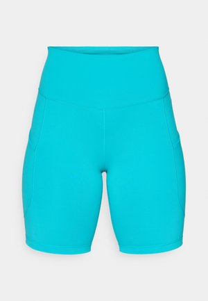 Aqua blue high-waisted shorts made of stretchy fabric, featuring side pockets and a smooth, fitted design.