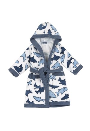 Peignoir de bain à capuche pour enfants en doux polaire blanc, orné de motifs de requins bleus et marins, avec un lien à l'avant et deux poches devant.