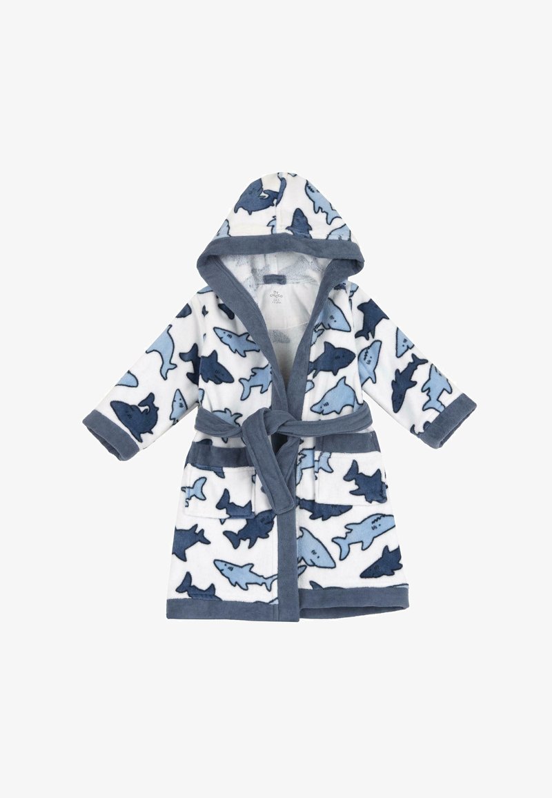 Peignoir de bain à capuche pour enfants en doux polaire blanc, orné de motifs de requins bleus et marins, avec un lien à l'avant et deux poches devant.