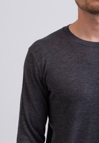 Maglione grigio a maniche lunghe con scollatura tonda. Texture morbida e leggera, con una finitura liscia e dettagli di cucitura sottili.