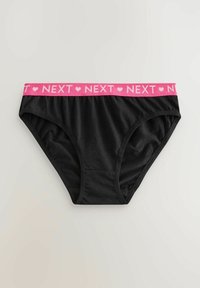 Short en coton noir avec une ceinture élastique rose portant le texte "NEXT" et des accents en forme de cœur. Texture douce avec une forme classique de sous-vêtements.