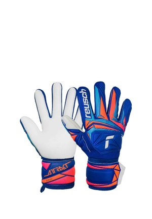 Pair of blue, orange, and white goalkeeper gloves with padded palms and bold geometric patterns, showing front and back views.