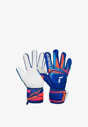 Pair of blue, orange, and white goalkeeper gloves with padded palms and bold geometric patterns, showing front and back views.