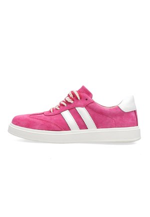 Pink suede sneaker with white laces, white heel tab, and two white stripes on the side, set against a plain white background.