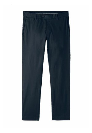 Herrens mörkblå chinos i rak modell, tillverkade av bomullsblandat tyg, med knappstängning och sidfickor. Slät textur, minimala veck.