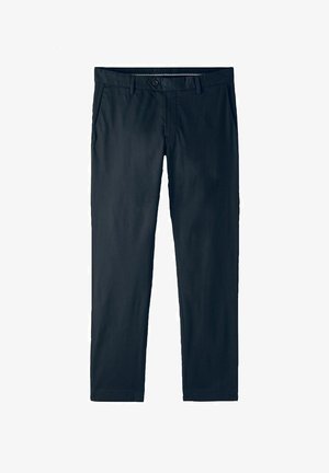 Heren donkerblauwe chino's, recht slim ontwerp, gemaakt van een katoenmix, met een knoopsluiting en zijzakken. Soepele textuur, minimale kreukels.
