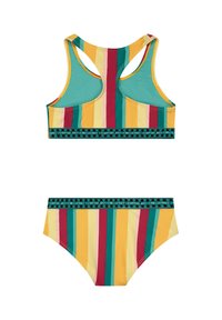 Wielokolorowy zestaw bikini z pionowymi pasami w kolorze żółtym, zielonym i burgundowym. Posiada sportowy krój z tyłu oraz kontrastujący pas w talii.