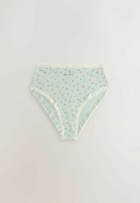 Heledad sinine kõrge vöökohtmuga aluspesu lillemustriga ja pitsäärisega. Valmistatud pehmest kangast, millel on õrn tekstuur ja väike brodeeritud logo.