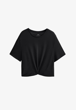 Czarna krótka koszulka z miękkiego materiału, z okrągłym dekoltem, krótkimi rękawami i węzłem na dole.