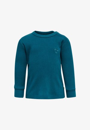 Turquoise geribd shirt met lange mouwen van zachte stof. Heeft een ronde halslijn en een geborduurd ontwerp op de borst.