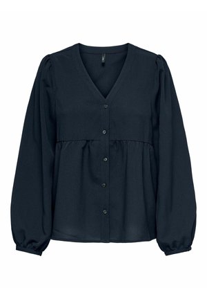 Mörkblå blus med V-ringning, knappframsida och draperad midja. Har långa, puffärmar med åtsittande manschetter. Slät, lättviktsmaterial.