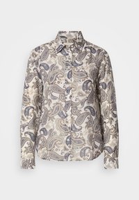 Camisa de manga longa em tecido leve com um padrão paisley em bege e azul, com colarinho clássico e fecho frontal com botões.