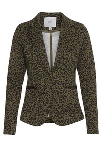 Blazer ajusté vert olive avec motif léopard noir, col à revers cranté, et fermeture à un bouton par ICHI.