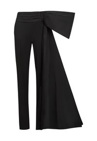 Schwarze Hosen mit einem breiten, drapierten Taillendetail. Glattes Material, gerade Beinform und gefalteter Bund.